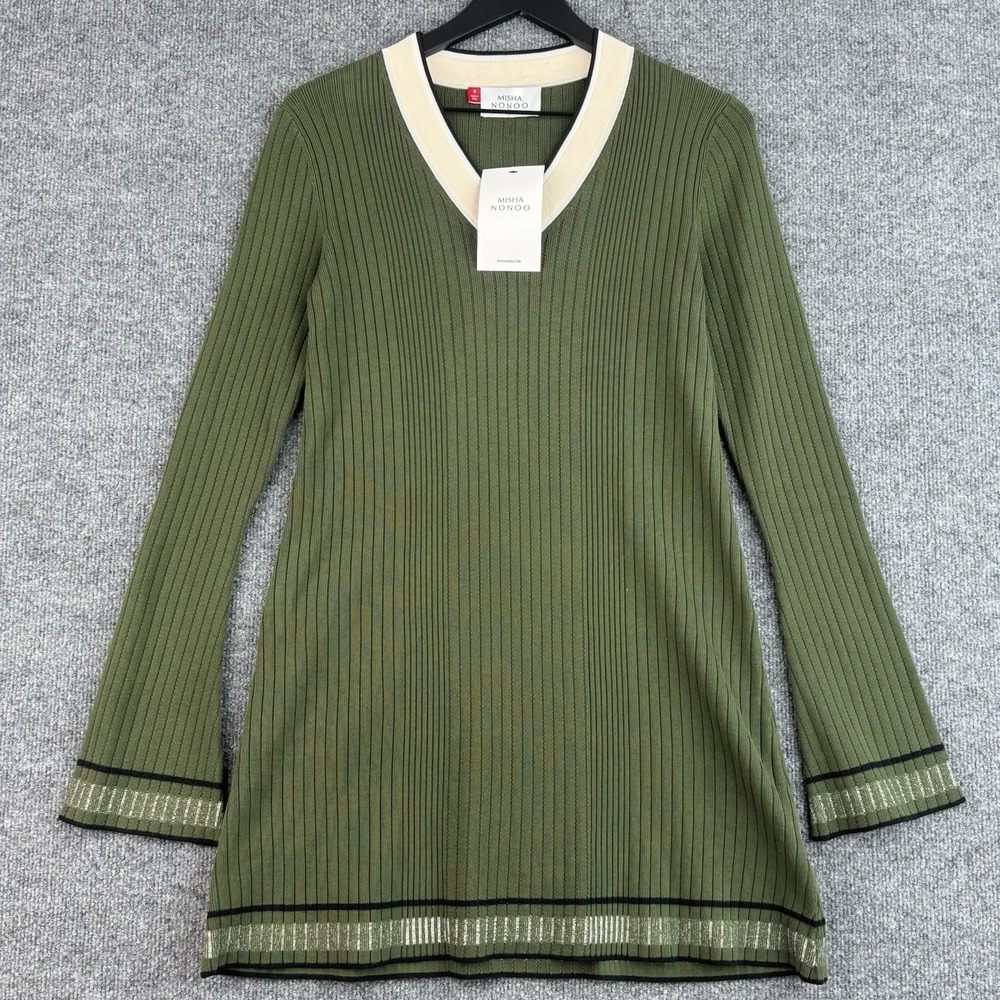 Misha Nonoo Alicia Sweater Dress Womens Size M Green Ribbed Cotton Mini NWT